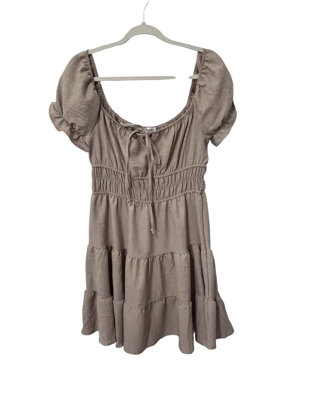 Popular 21 Khaki Tan Puff-Sleeve Tiered Mini Dress Size Large - Picture 2 of 5